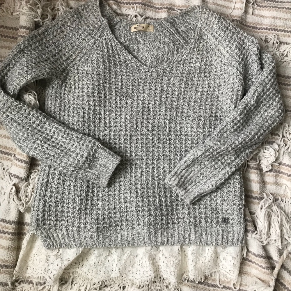 Grey marled v neck sweater with lace trim
